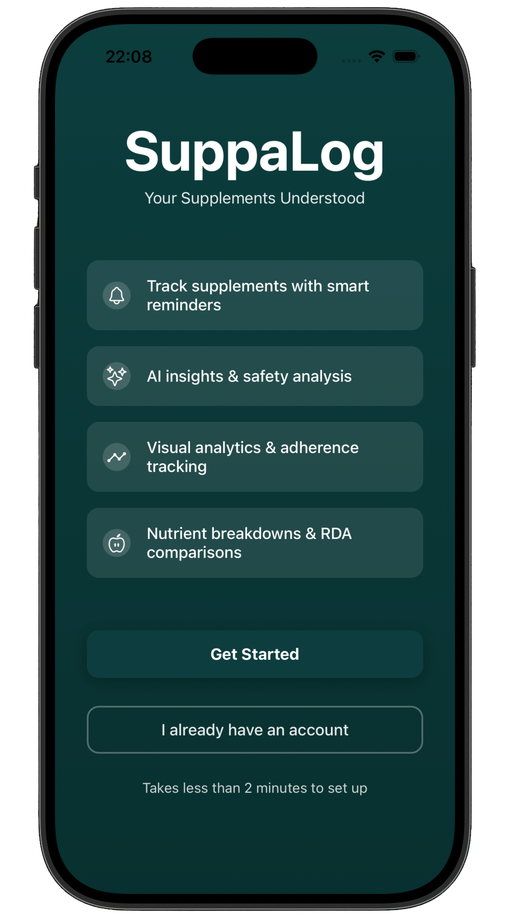 SuppaLog home screen showing daily supplement stack